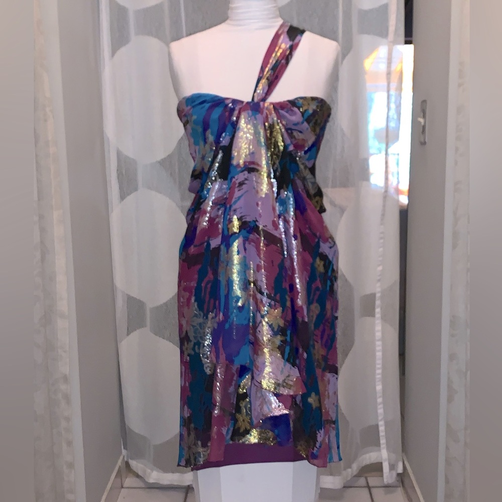 Printed Lame’ chiffon sarong style dress with one shoulder strap